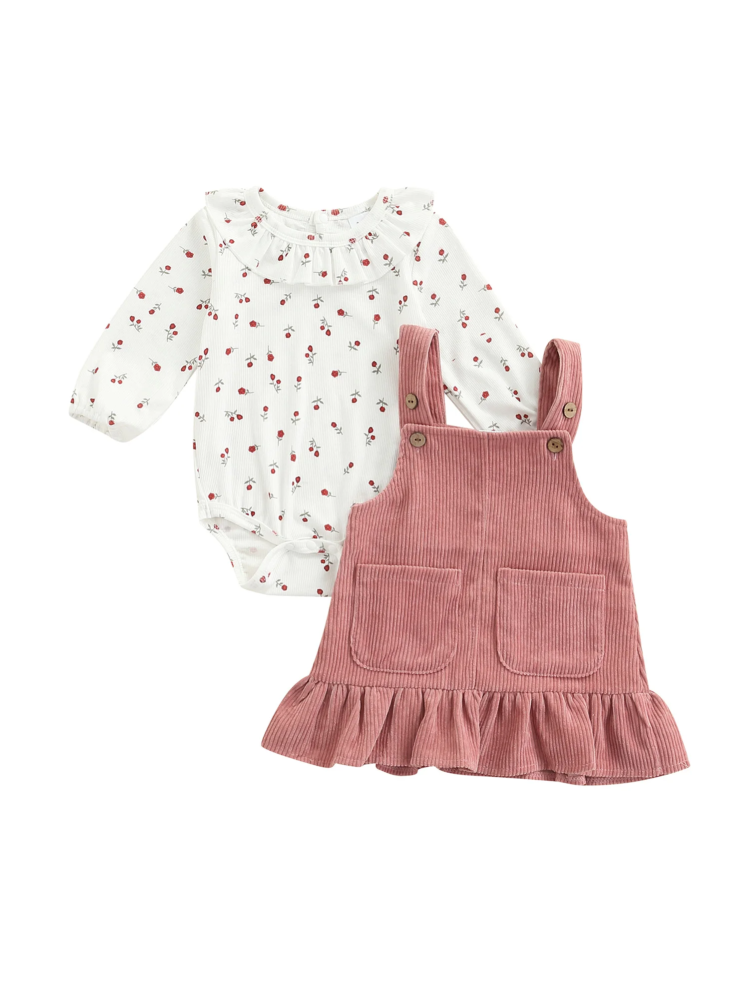 

2PCS Newborn Baby Girl Clothes Long Sleeve Floral Print Flounce Romper and Ruffle Suspender Skirt Sets