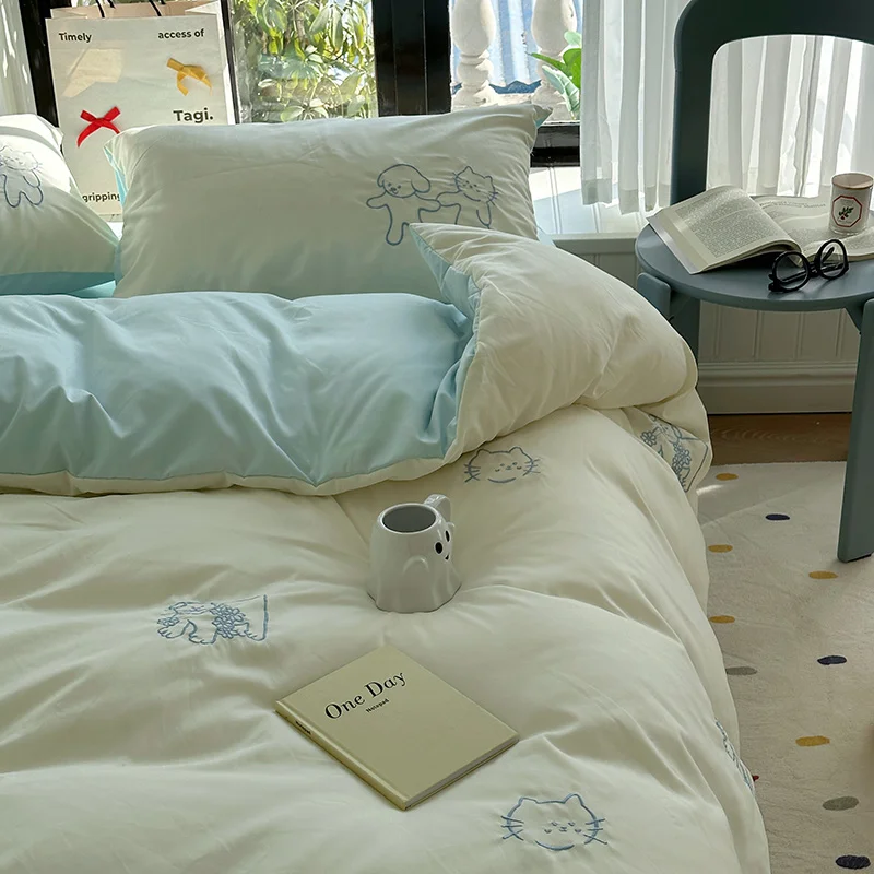 INS Embroidery Solid Washed Cotton Four-Piece Set Cartoon Sle Simple Student Dormitory Three-Piece Bedding