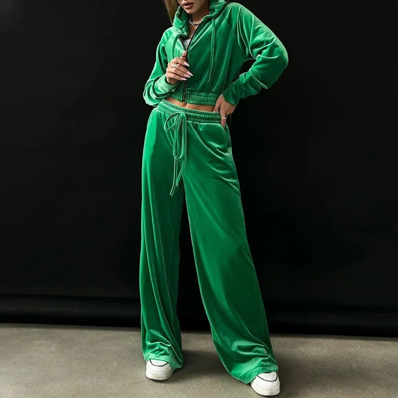 

2023 Velvet Green Causal Hoodie Tracksuit Pant Sets Spring Autumn New In Matching Red Two Set Pants 2 Piece Women Outfit