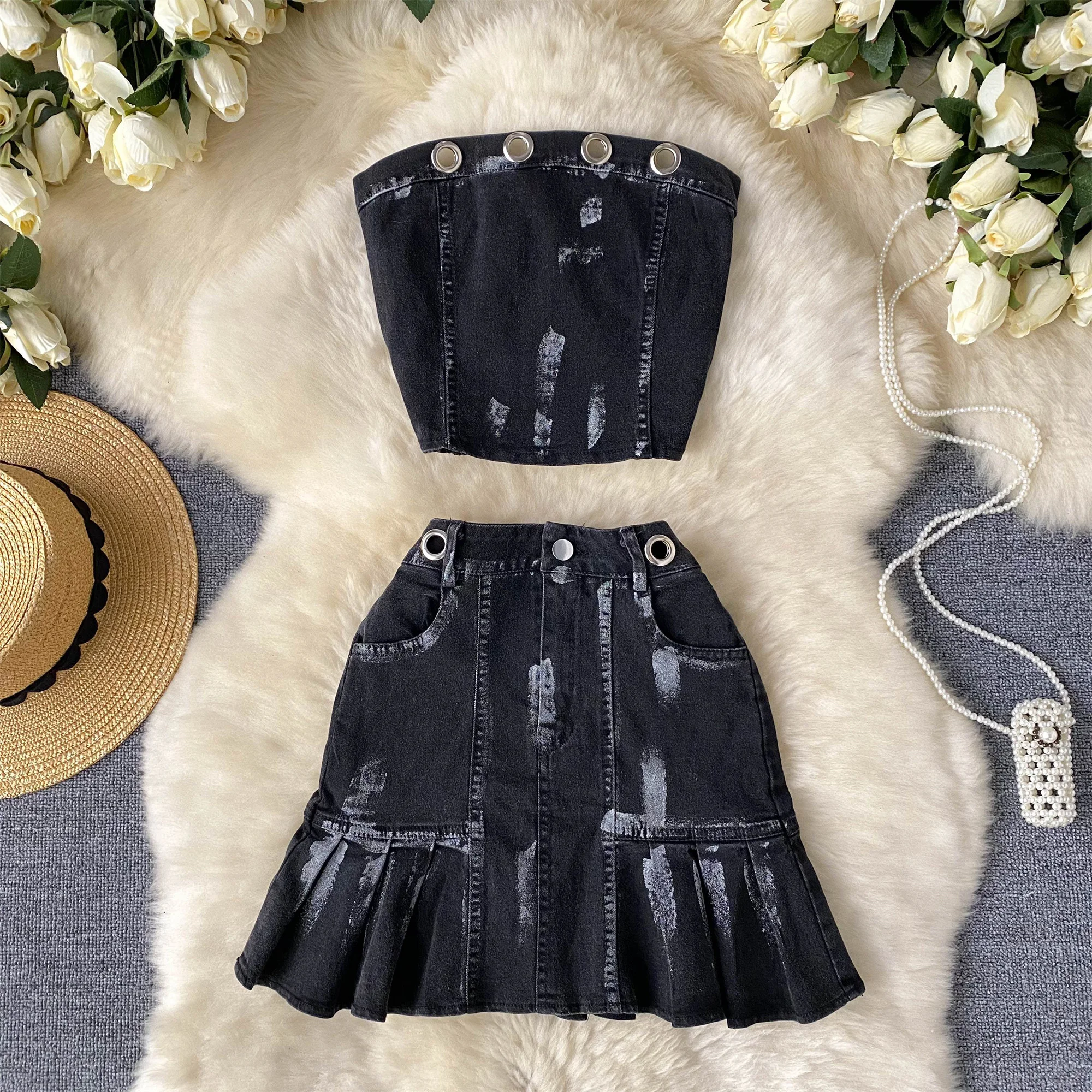 Женский комплект из 2 предметов джинсовый Топ без бретелек и короткая облегающая