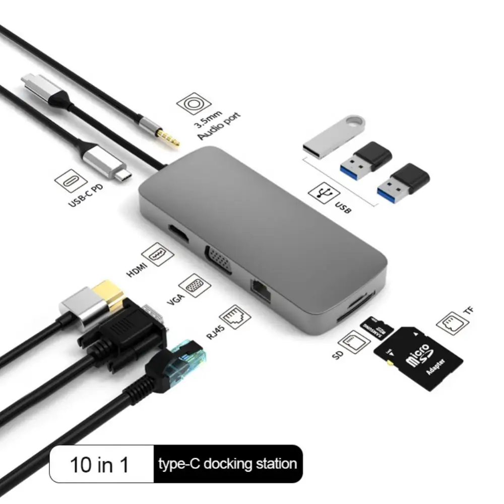 

Pc Laptop Splitter 1080p@60hz Portable -compatible Splitter 4k Vga Rj45 Sd/tf Card 3.5mm Aux For Laptop Macbook Usb-c Hub