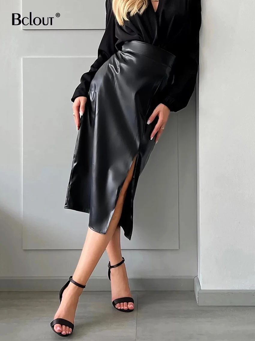 

Bclout Winter Black Leather Skirts Womens Elegant Office Lady Elastic Slit Skirts High Waist Straight Party Midi Skirt PU Female
