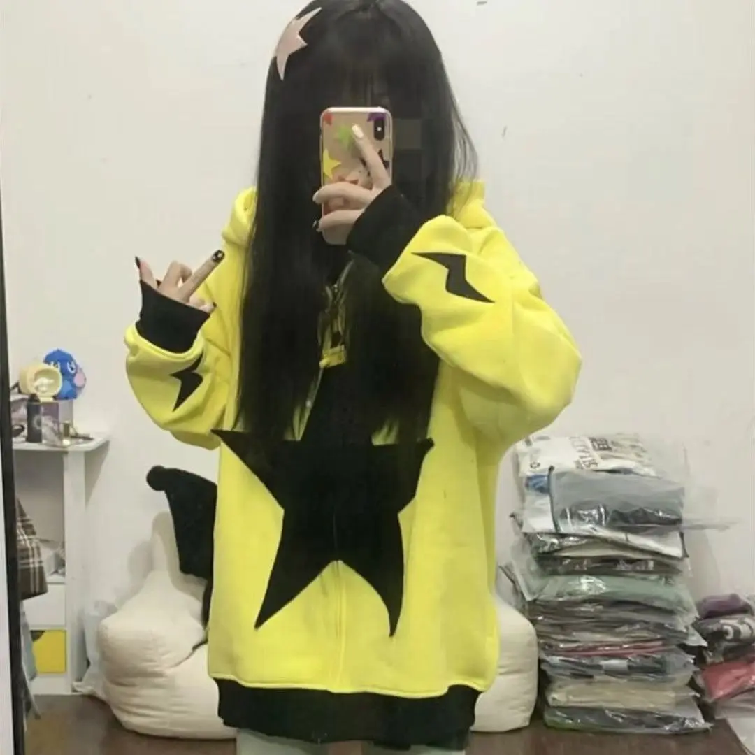

Lightning Star Embroidered Yellow Coat Long Sleeve Zipper Loose Retro Hip Hop Cardigan hooded Women 2XL
