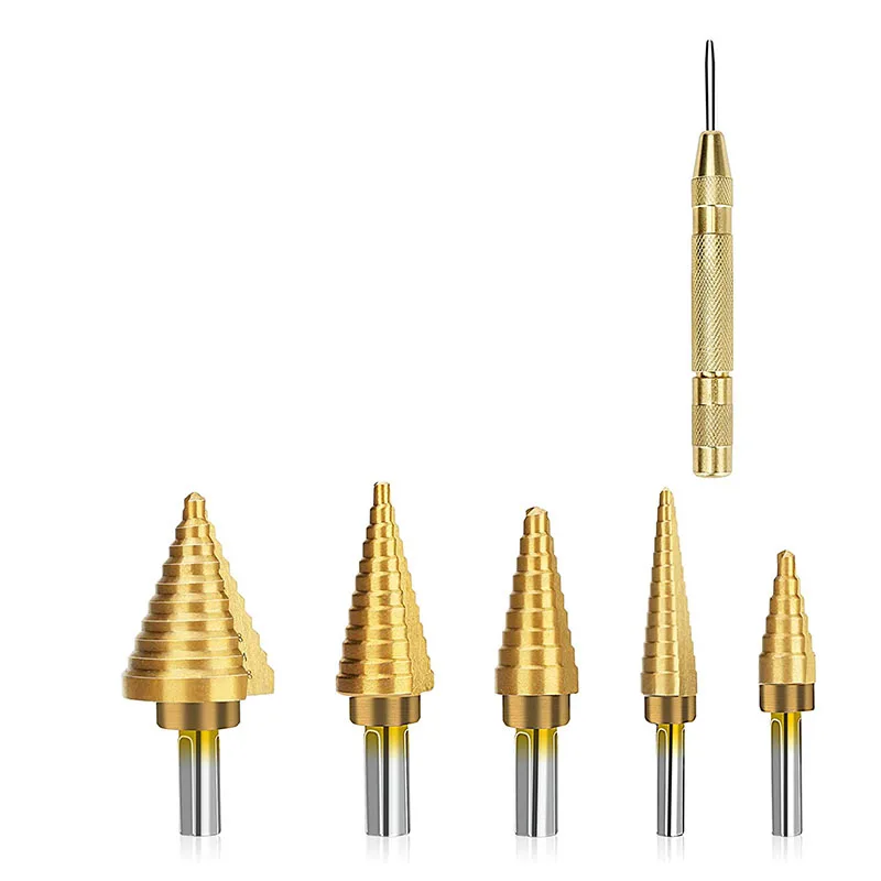 

6Pcs HSS Titanium Coated Step Drill Bit With Automatic Center Punch Sheet Metal With Aluminum Case