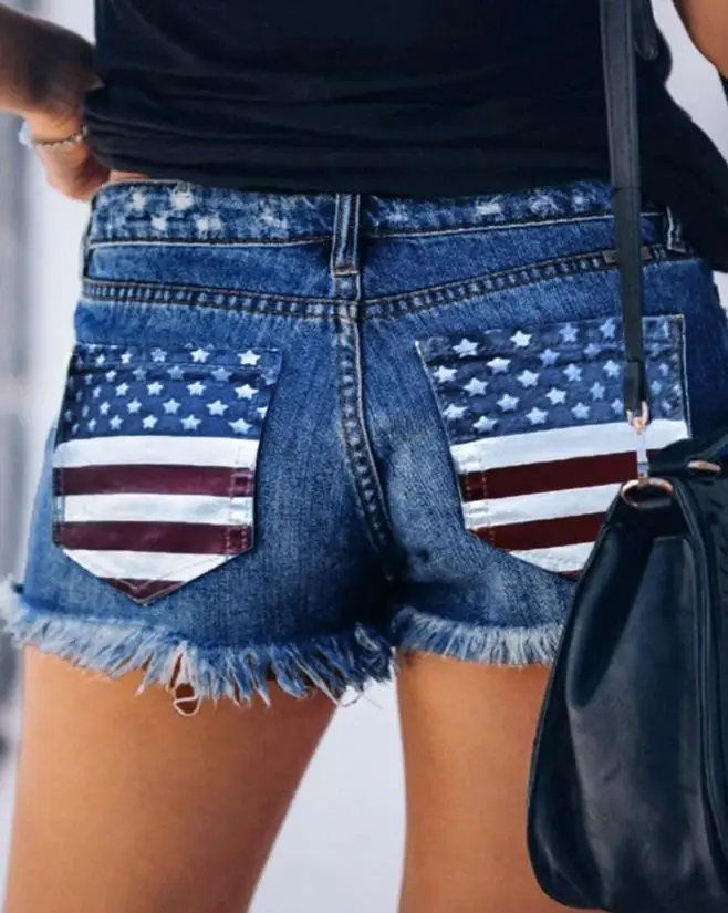 

Women's Vacation New Short Jeans Slight Stretch Summer Independence Day Flag Print Ripped Buttoned Fashion Denim Shorts Female