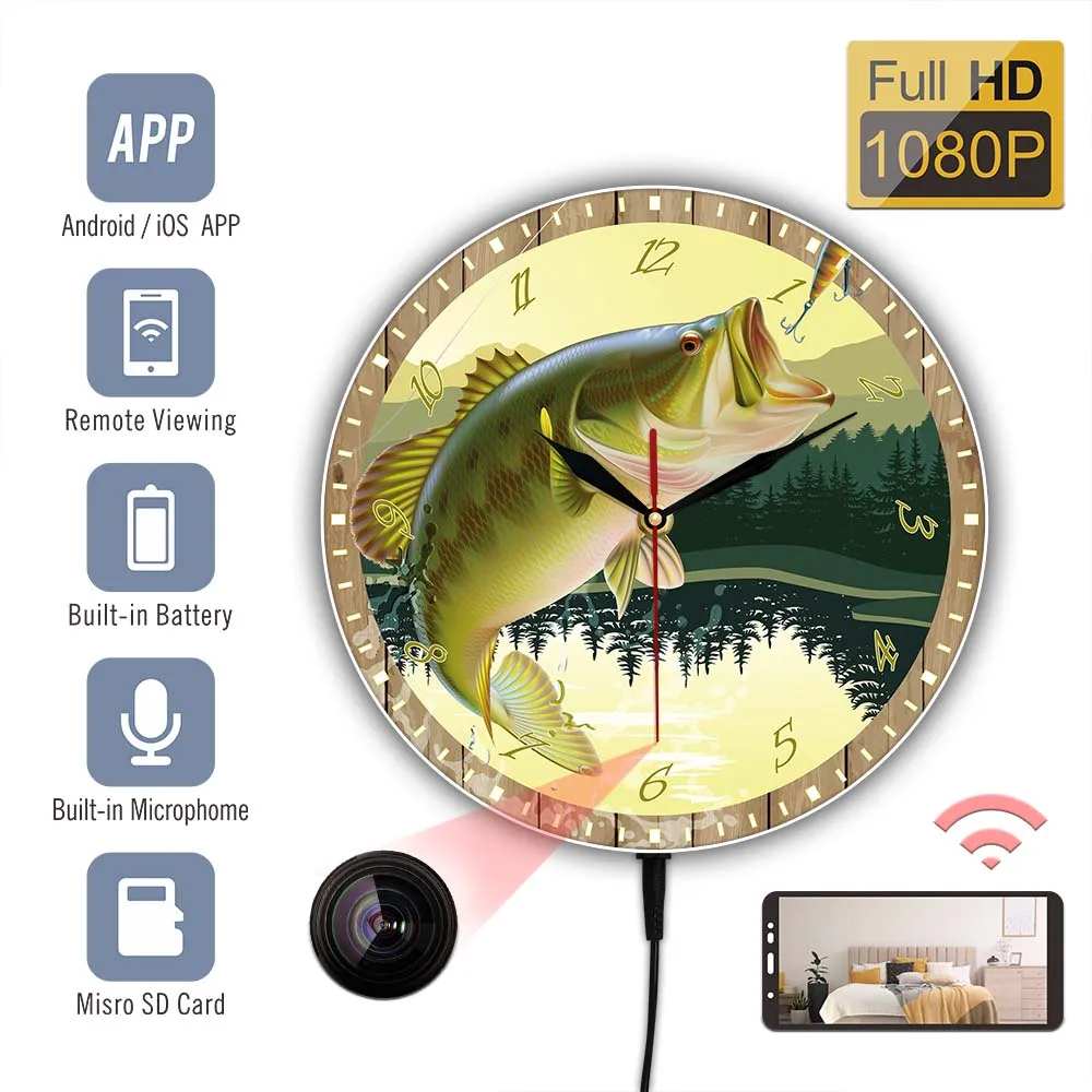 

Fishing Design 1080P HD Mini Camera Wall Clock For Man Cave Fishing Bass Kitchen Decor Home Security Wall Clock Fisherman Gift