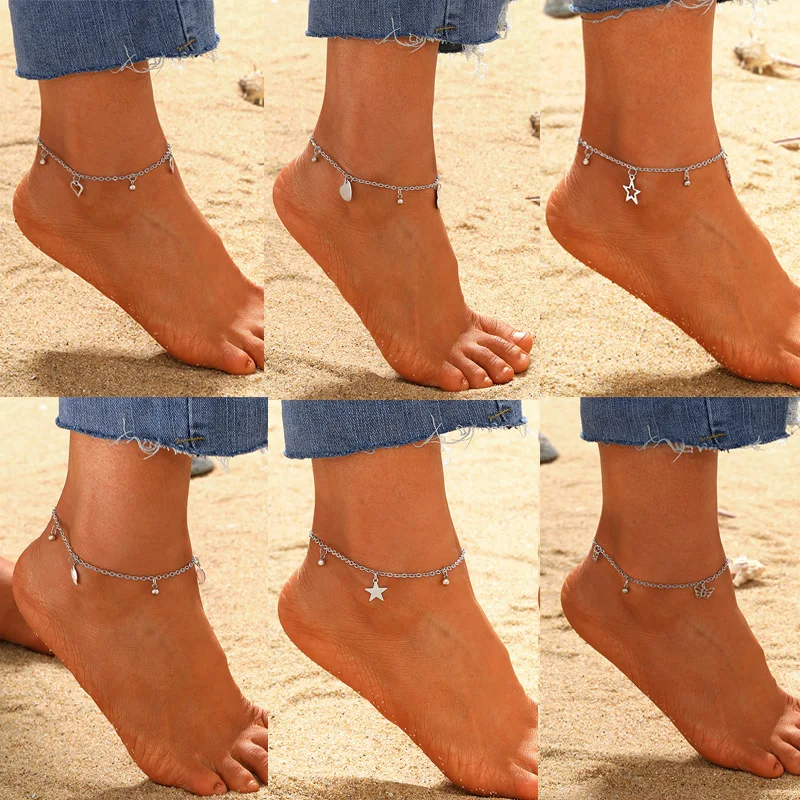 

2023 New Stainless Steel Anklets For Women Boho Simple Heart Star Leaf Butterfly Leg Chain Bracelet On Foot Summer Beach Jewelry