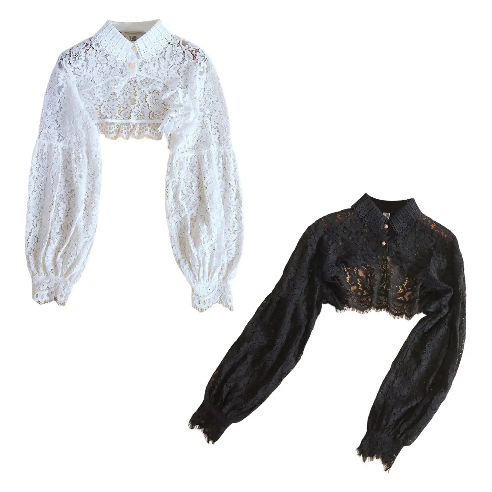 

Women Puff Long Sleeve False Fake Collar Lapel Half Top Blouse Hollow Out Eyelash Floral Lace Detachable Collar Sweater Decor