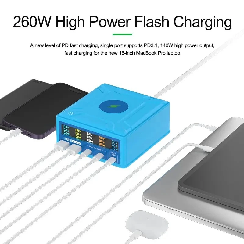 Фото RL-304R 260W Многопортовое зарядное устройство GaN 5+1 для эффективной зарядки нескольких устройств, интеллектуальное распределение энергии №2