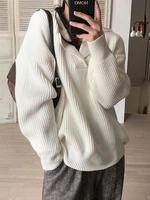 fursarcar lapel long sleeve sweater women spring autumn korean harajuku solid stripe loose knitted pullover casual tops female