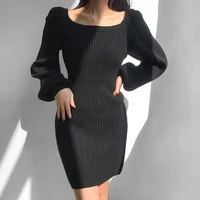 spring summer knitted dress women solid colors lantern sleeve square collar long sleeve party clothing straight dress sexy slim