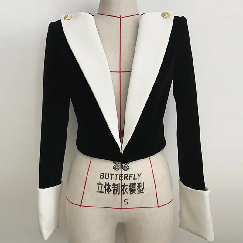 HIGH STREET 2022 Newest Stylish Designer Jacket Women's Lion Buttons Color Block Patchwork Velvet Short Blazer