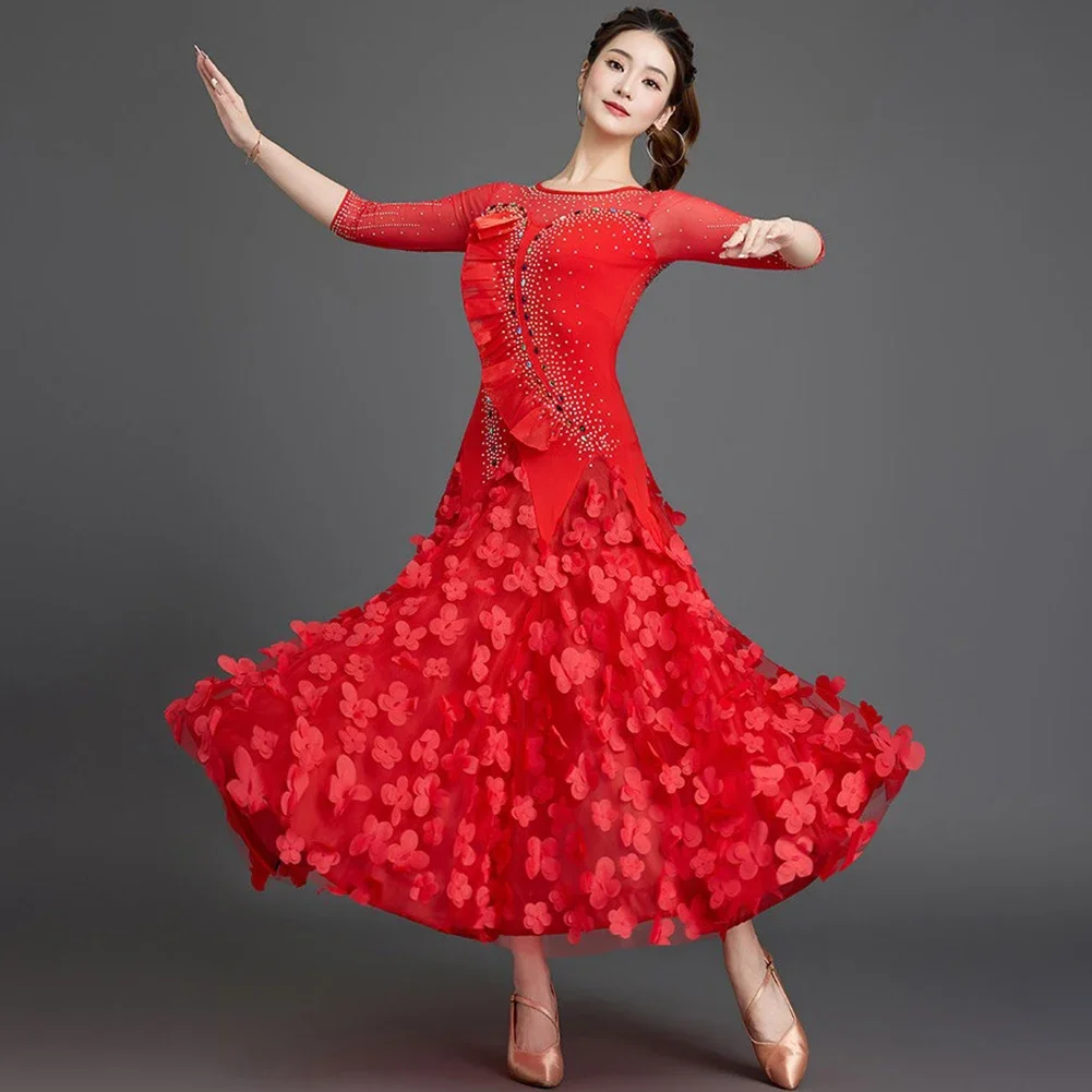Фото Платье для бальных танцев yesBallroom Dance Pink Waltz Dress 2026: высококачественное, с рюшами, красное, профессиональное, для соревнований, с объемными лепестками, цвета павлиний синий №5