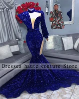 2022 sparkly royal blue sequin one shoulder mermaid prom dresses black girls ruffles evening gowns robes de soir%c3%a9e