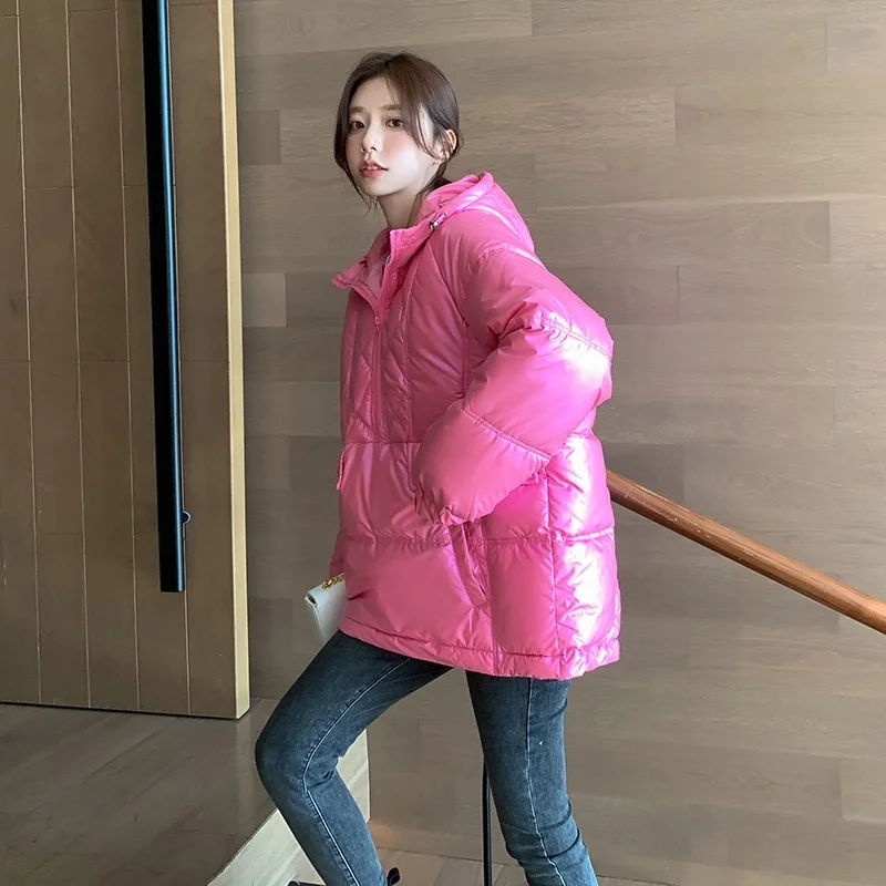 

Real shot of 2022 winter net red wash free down jacket large bright cotton jacket casual long version thin temperament cotton