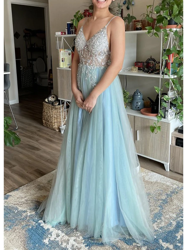 

2022 Sexy Homecoming Dress Spaghetti Strap Deep V-Neck Tulle High Split Occasion Evening Party Dress Hand Beaded Robe De Soirée