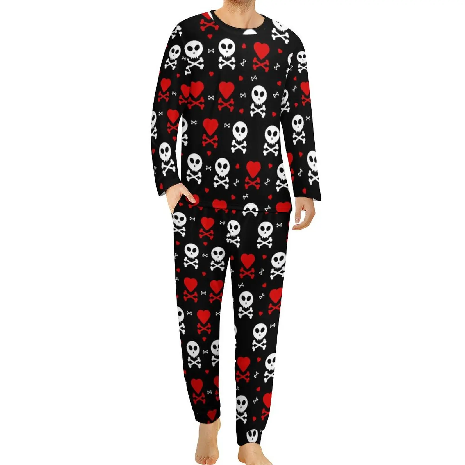 Skull Hearts Pajamas Men Funny Crossbones Warm Nightwear Daily Long Sleeves Two Piece Sleep Pattern Pajamas Set Large Size