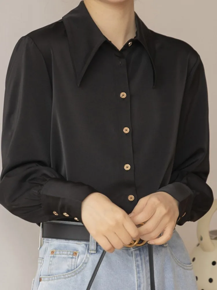 Женская летняя стильная атласная белая рубашка элегантная официальная блузка