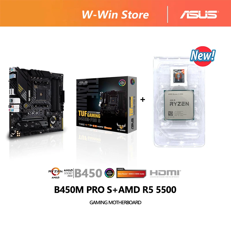 

NEW AMD Ryzen 5 5500 R5 5500 + ASUS TUF GAMING B450M PRO S Set Kit Ryzen Processor B450M Motherboard AM4 All New But Without Fan
