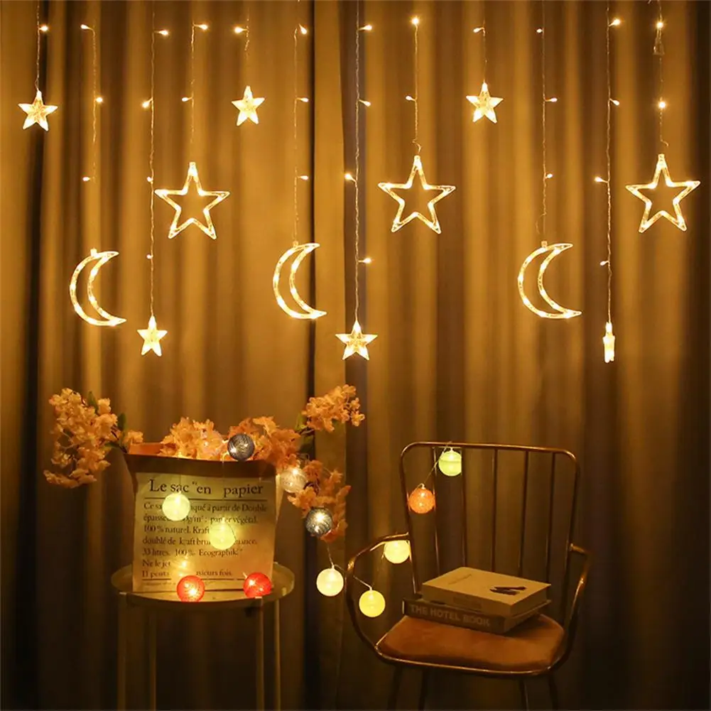 

3.5m Star Moon Curtain Light Battery Powered Led Waterproof Decorative Light String For Indoor Outdoor Bedroom Kitchens Terraces