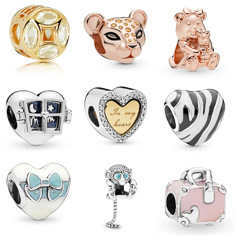 

925 Sterling Silver Pink Travel Bag Split Heart Crystal Beads For Original Pandora Charms Women Bracelets & Bangles Jewelry