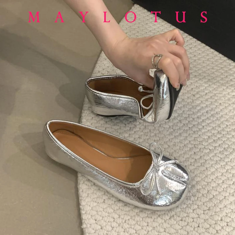 Балетки женские с бантом мягкая кожа без застежки плоская подошва разрезом