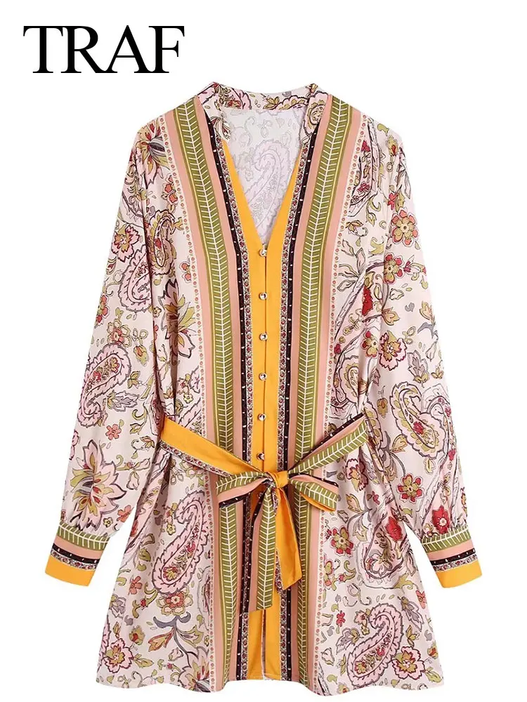 

TRAF Elegant Women Dress Printed Floral Cardigan Button Mini Dress Vintage Long Sleeve Belt Slim Fit Clothing + Series Shirt
