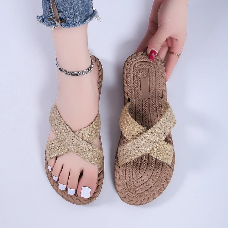 

Women Slippers Summer Shoes Outdoors Indoor Home Soft Bottom Slides Ladies Non-slip Imitation Straw Beach Sandal Slipper