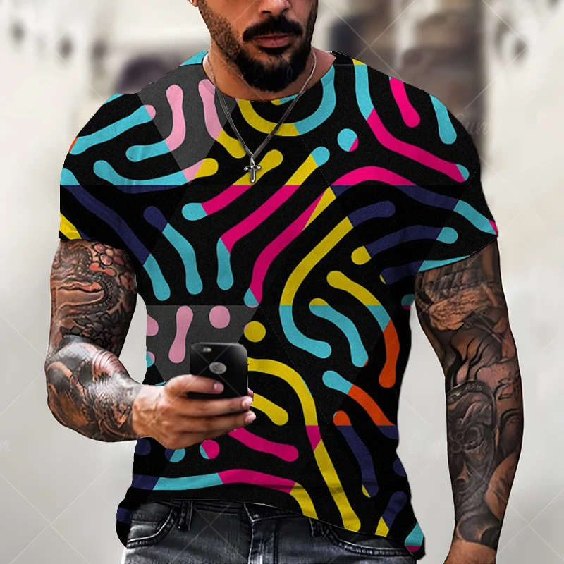 

Men's 3D Printed Short Sleeve T-Shirt Summer Casual Colorful Striped Dazzling Top Crew Neck Oversized Streetwear