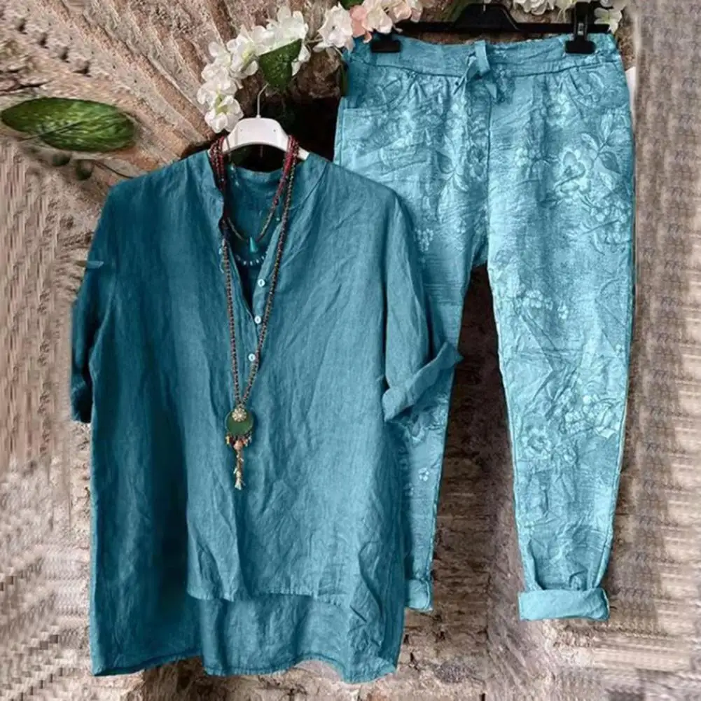 

Two Piece Sets Womens Outifits Bohemian Summer Printed Long Sleeve O-Neck Blouse Femme Fashion Casual Pant Sets ensemble femme