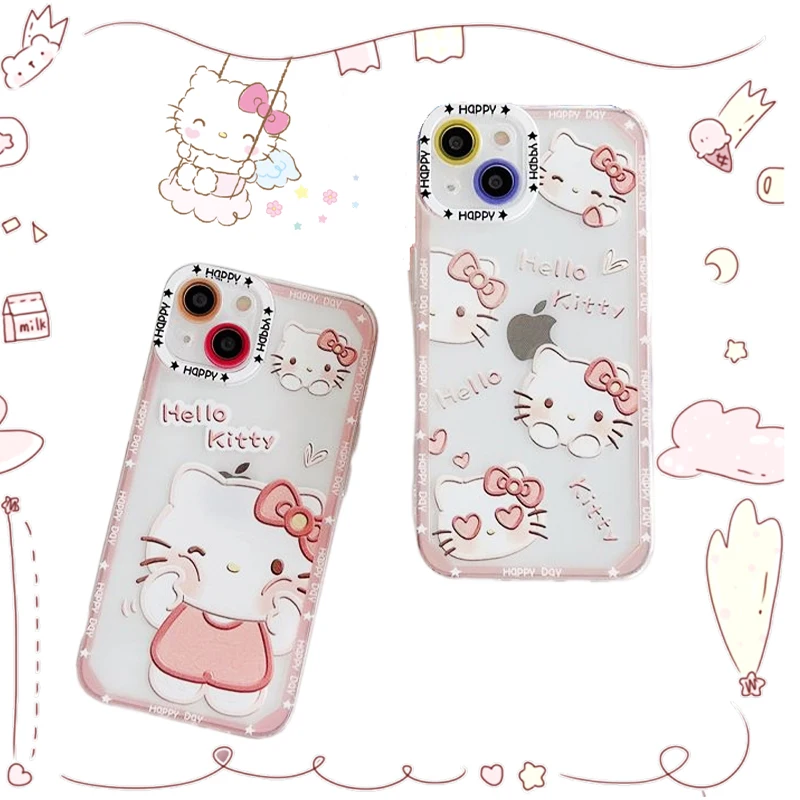 

Sanrio Hello Kittys мобильный телефон чехол Kawaii Cute iPhone 13 12 11 X Pro Max Beauty прозрачный защитный мягкий чехол для девочек
