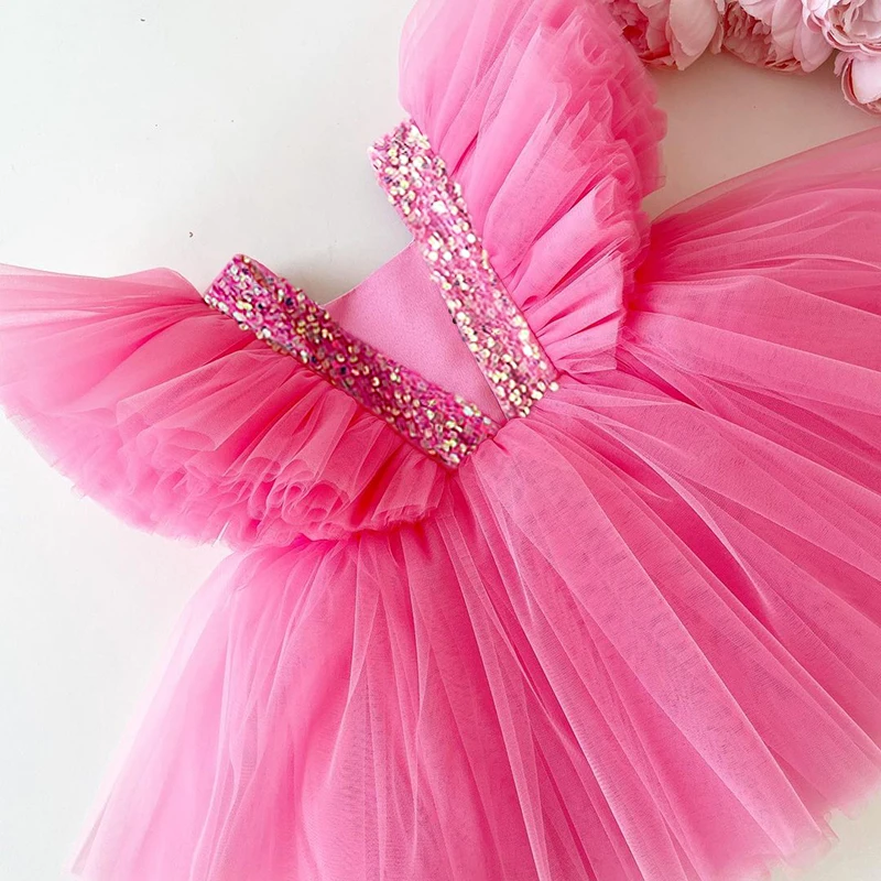 

Sequin Baby Girl Dress Sleevesless Flower Girl Dress Knee Length Dresses For Girls Bow Puffy Pageant Fancy Wedding Gown 3-8 Yrs