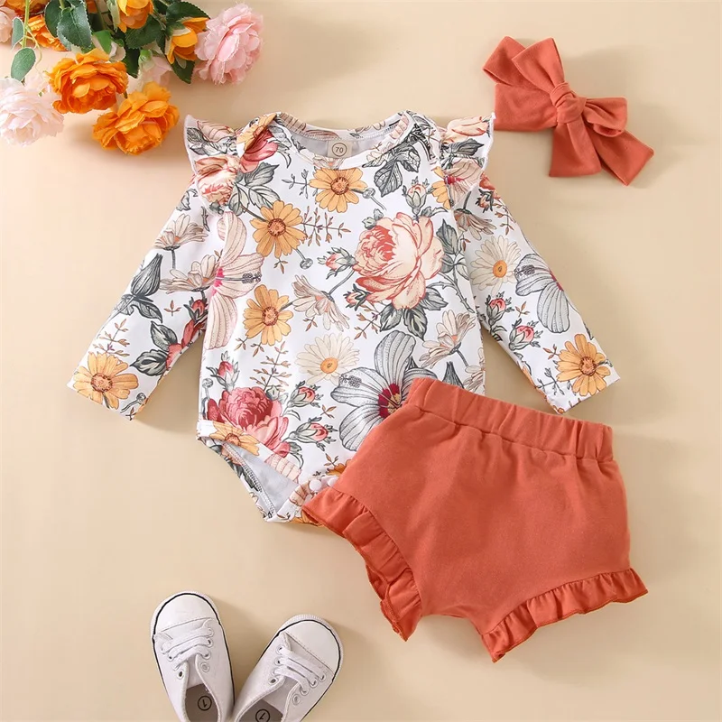

Infant Baby Girls 3 Pieces Outfits Floral Print Round Neck Long Sleeve Romper + Solid Color Shorts + Bow Headband Set