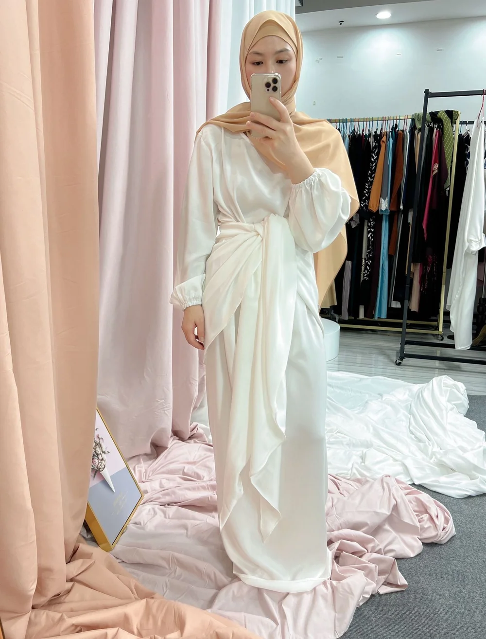 2 Pcs Muslim Set SilkySatin Abaya Arabic Long Hijab Dress Wrap Front Skirt Dubai Modest Matching Outfit Kaftan