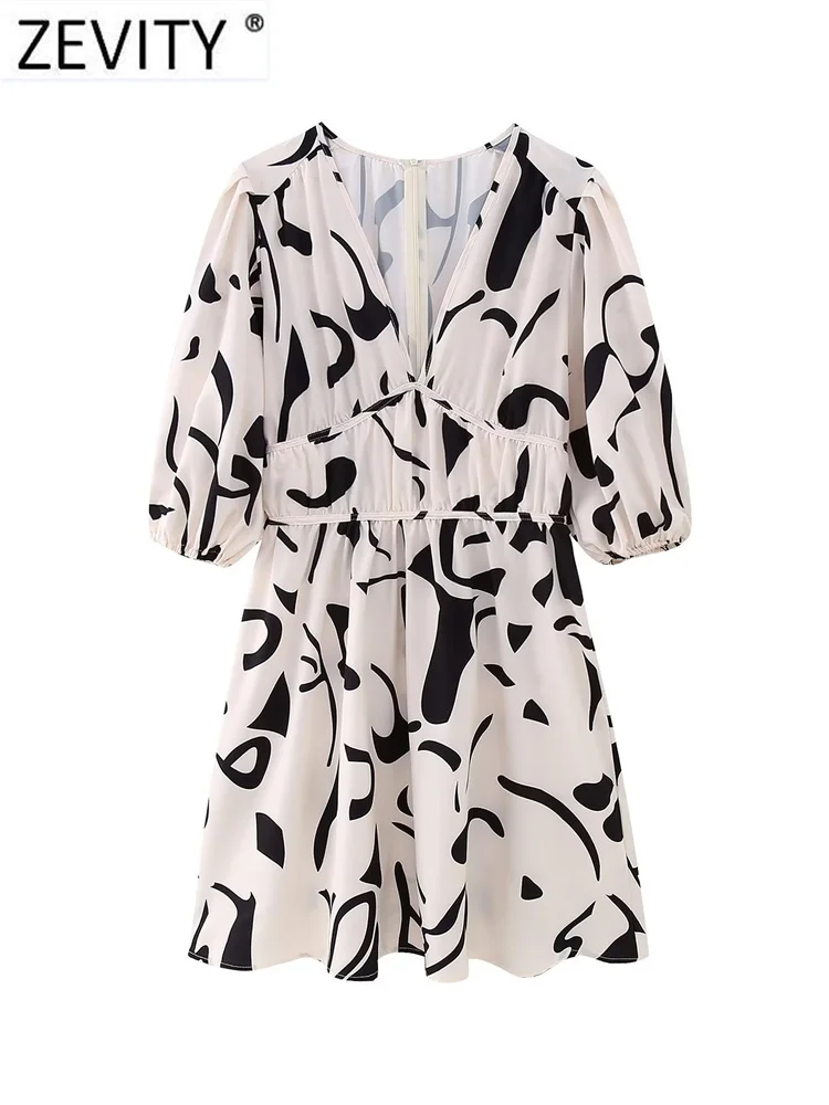 

Женское винтажное платье-рубашка Zevity с V-образным вырезом, принтом граффити, высокой талией, женское шикарное повседневное облегающее плать...
