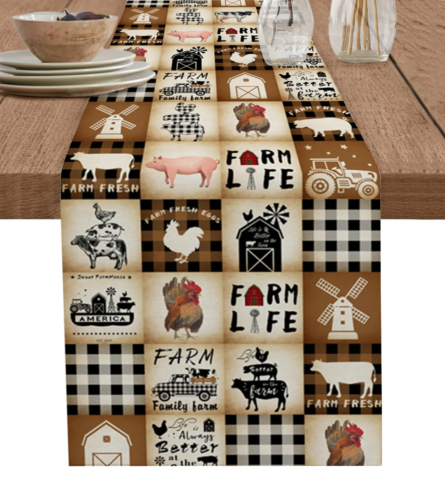 

Farm Retro Chicken Cow Pig Plaid Table Runner luxury Kitchen Dinner Table Cover Wedding Party Decor Cotton Linen Tablecloth