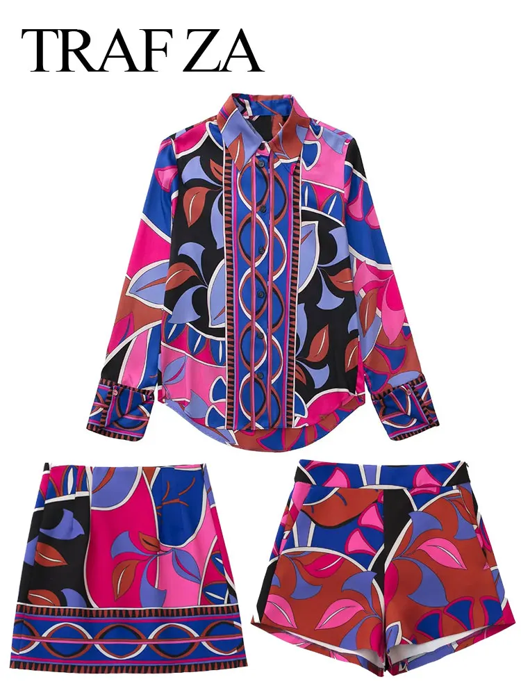 

TRAF ZA Women's Long Sleeve Colorful Gorgeous Shirt Top + High Waist Shorts or A-Line Skirt Casual Suit Women's Office Wear Top