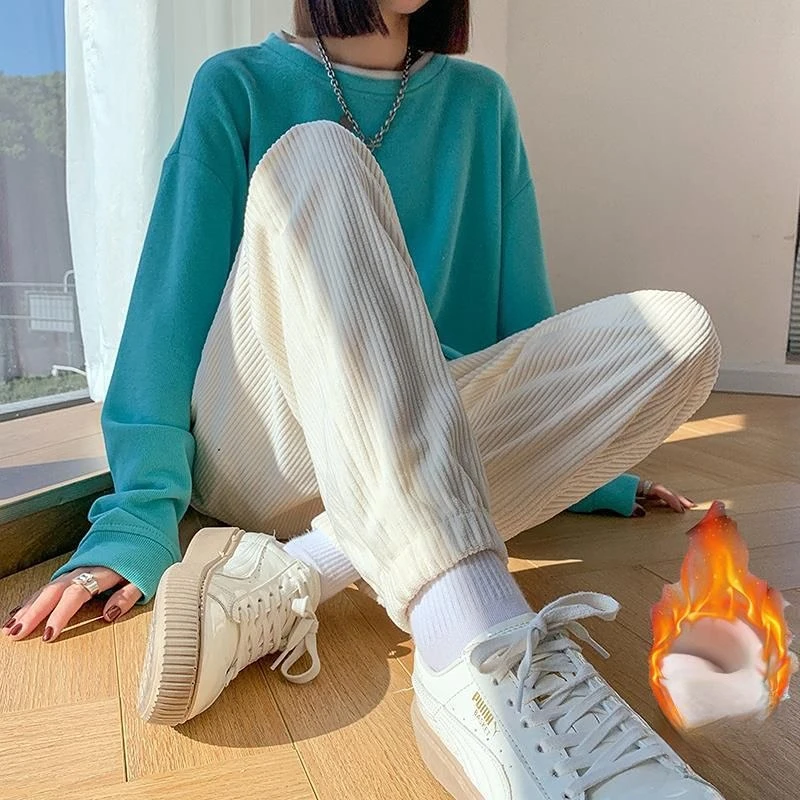 Женские повседневные модные вельветовые брюки, свободные большие повседневные спортивные брюки, джоггеры, женские брюки с широкими штанинами, женские теплые утепленные брюки G242