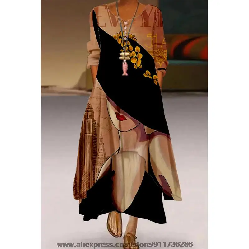 Женское вечернее платье с принтом в виде натуральных пейзажей длинное объемным