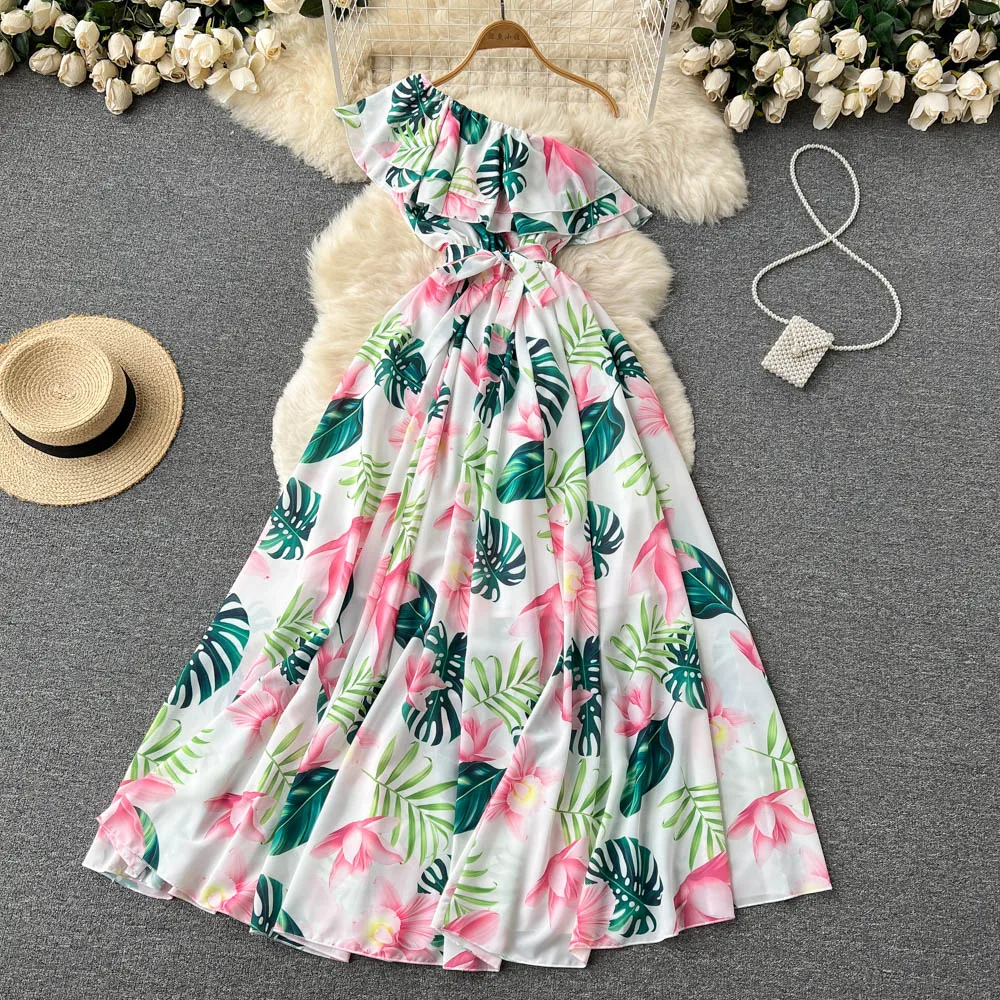 

VANOVICH Beach Style Sexy High Waist Thin Printed One-Shoulder Flounced Edge Dress Women's Vintage Temperament A-LINE Dress