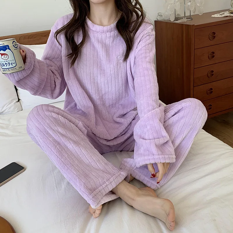 Solid Color Ladies Pajama Sets Thicken Autumn And Winter Keep Warm Nightgown Comfortable Soft Sleepwear Suit Simple Style