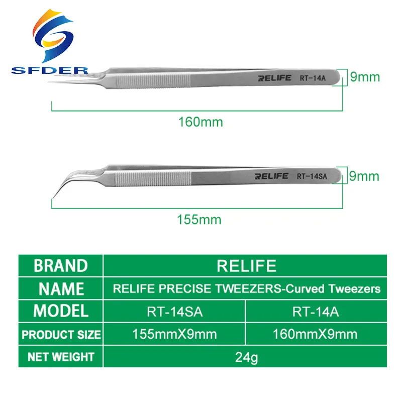 Пинцет для ремонта мобильных телефонов Relife RT-14A RT-14SA с антистатическим и противоскользящим покрытием, высокой прочностью, точным наконечником и возможностью захвата микрочипов.