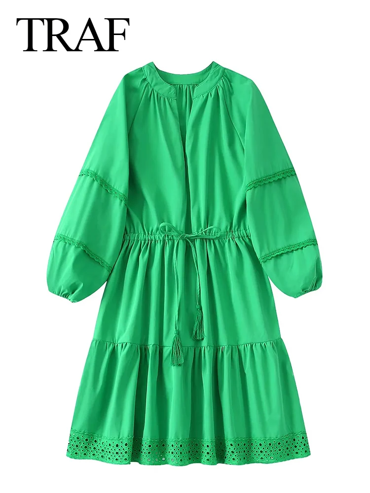 

TRAF Women's Solid Color Green Dress Raglan Long Sleeves Lace Drawstring Tassel Casual Fashion Half Open Collar Loose Dress