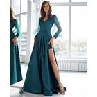 EAEOVN выпускное платье с бисером 2022 ТРАПЕЦИЕВИДНОЕ с V-образным вырезом иллюзионное Тюлевое платье с длинными рукавами до бедра с Разрезом Вечернее платье со складками со шлейфом официальное платье