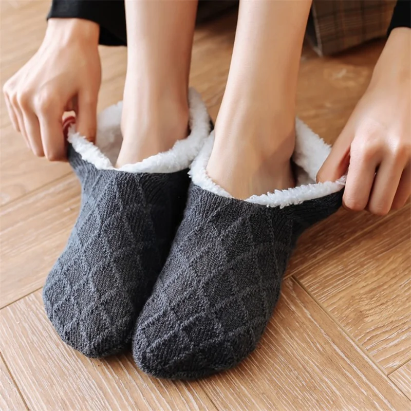 

Women Knitted Slipper Socks Cozy Fuzzy Socks Non Slip Socks Winter Indoor Double Layer Bedroom Slipper Socks
