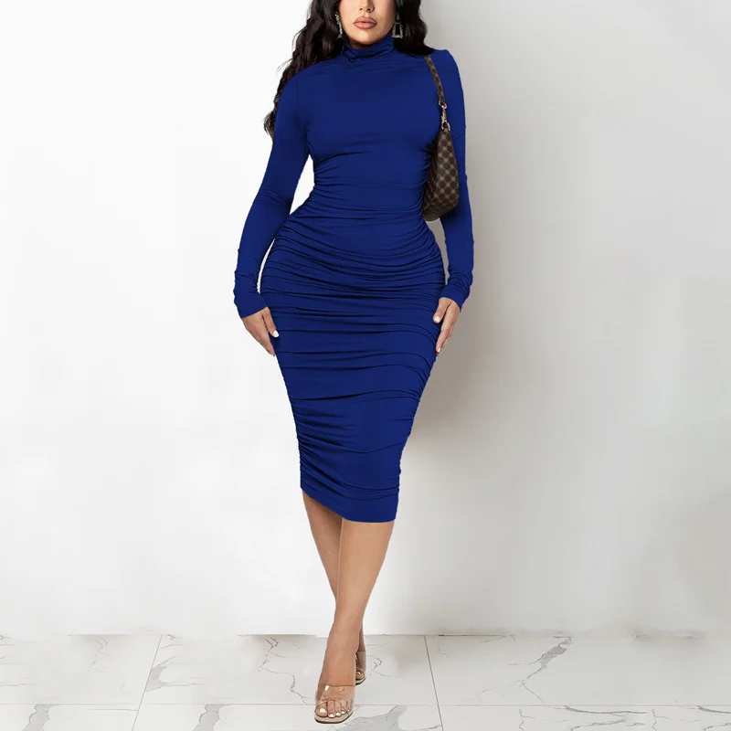 

Women Solid Color Casual Midi Dress Autumn New Long Sleeve Sexy Package Hip Dress Faashion Elegant Lady Slim Dresses Vestidos