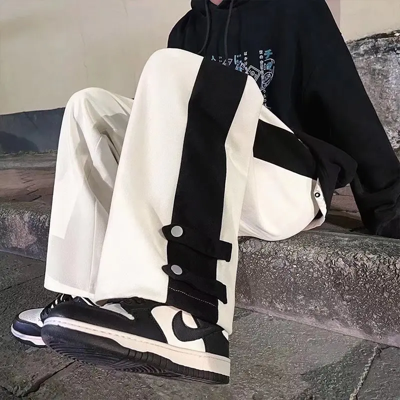 

Casual Pants Men Loose Straight Ankle-length Trousers Patchwork Striped Breathable Clothing Summer Male New Korean Jogging Pants