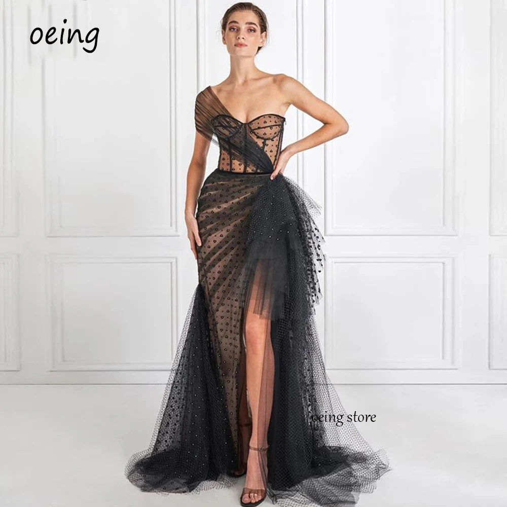 

OEING One Shoulder Dotted Tulle Mermaid Long Evening Dresses Vestidos Elegantes Side Split Arabic Women Formal Prom Party Gowns