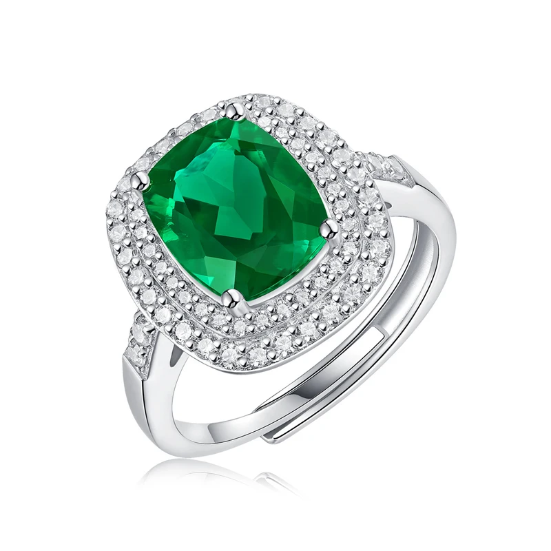 

S925 Silver Cushion Cut Emerald Ring Women Ins Jewelry Lab Grown Emerald Halo Ring Engagement Adjustable White Gold Plated Gift