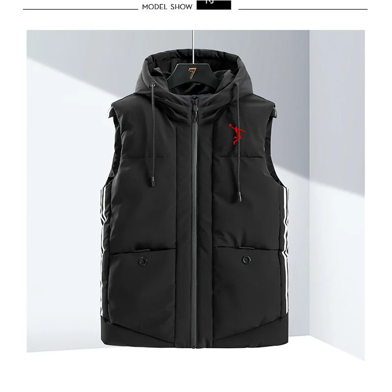 Men's Winter Jacket Casual Thickening Warm Windproof Sleeveless Vest Hooded Jacket Vest Sports Pocket Vest Men's 5XL